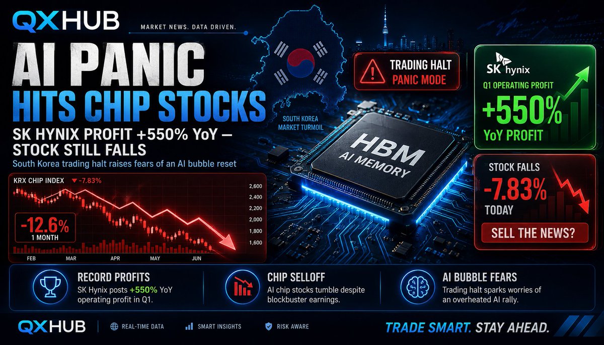 quotex_binary's tweet photo. AI panic just hit a new level.

SK Hynix profit: +550% YoY.

South Korea’s market plunged hard enough to trigger a trading halt.

When record profits can’t save chip stocks, investors aren’t trading earnings anymore.

AI bubble bursting — or the reset before the next rally? https://t.co/0tEaTonVBV