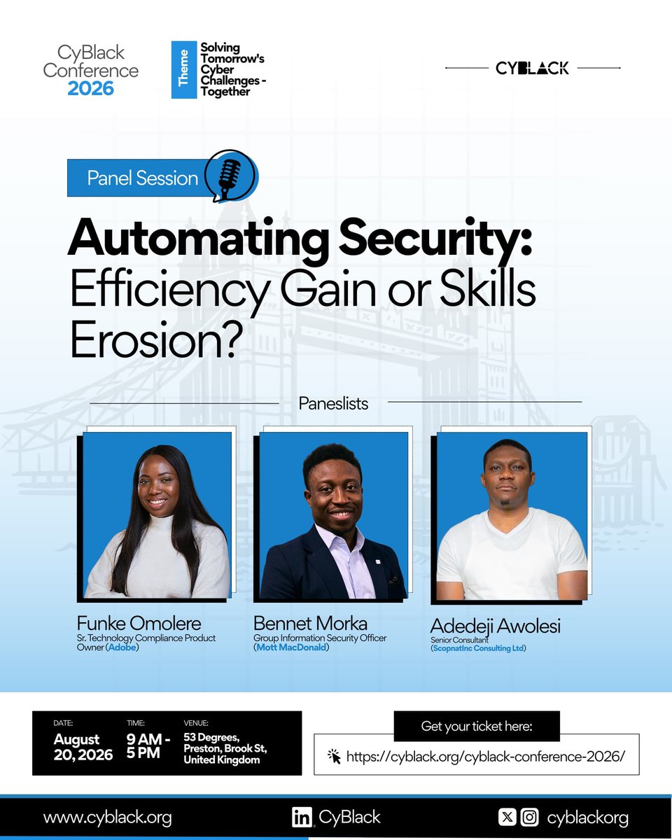 Cyblackorg's tweet photo. Automation is reshaping cybersecurity—but is it boosting efficiency or eroding essential skills? 🤔

Join this insightful panel at CyBlack Conference 2026 as industry experts explore the impact of AI &amp; automation on the future of cyber, and why human expertise still matters.
1/2 https://t.co/Xgwr0V2MeK