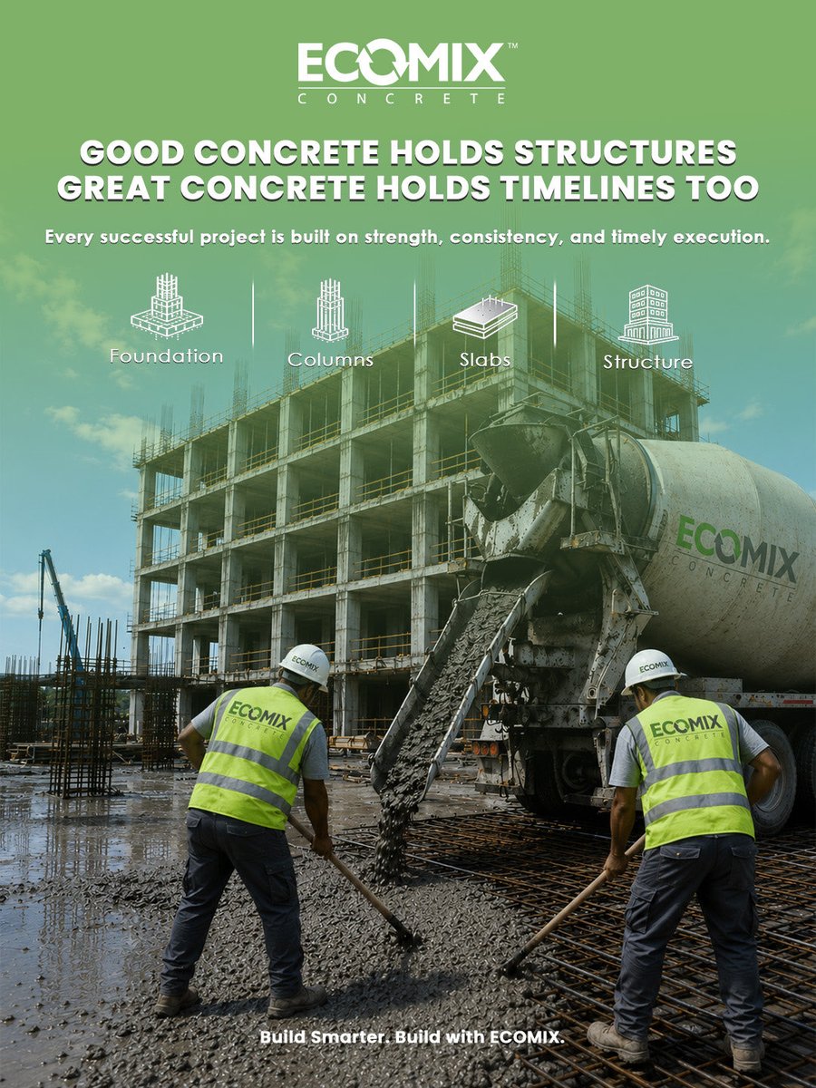 ecomix_india's tweet photo. Strong concrete builds strong structures. 

Reliable concrete helps build strong timelines too. When quality and consistency come together, projects move forward with confidence.

#EcomixConcrete #ReadyMixConcrete #ConstructionIndia #ProjectExecution #Infrastructure #BuildBetter https://t.co/T82UkzRX6R