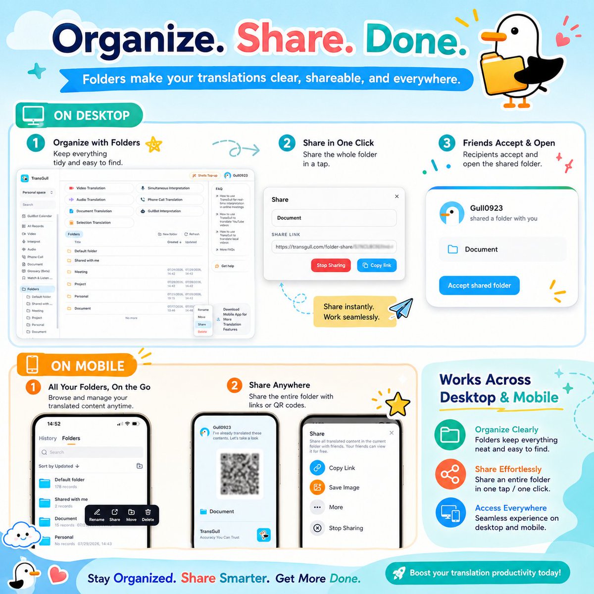 TransGullApp's tweet photo. Too many translated files everywhere?
Use folders to keep everything organized by project, class, meeting, or topic — then share the whole folder in one tap.
Cleaner workflow, faster sharing, less chaos. Desktop + mobile supported. https://t.co/hAUEajMrUX