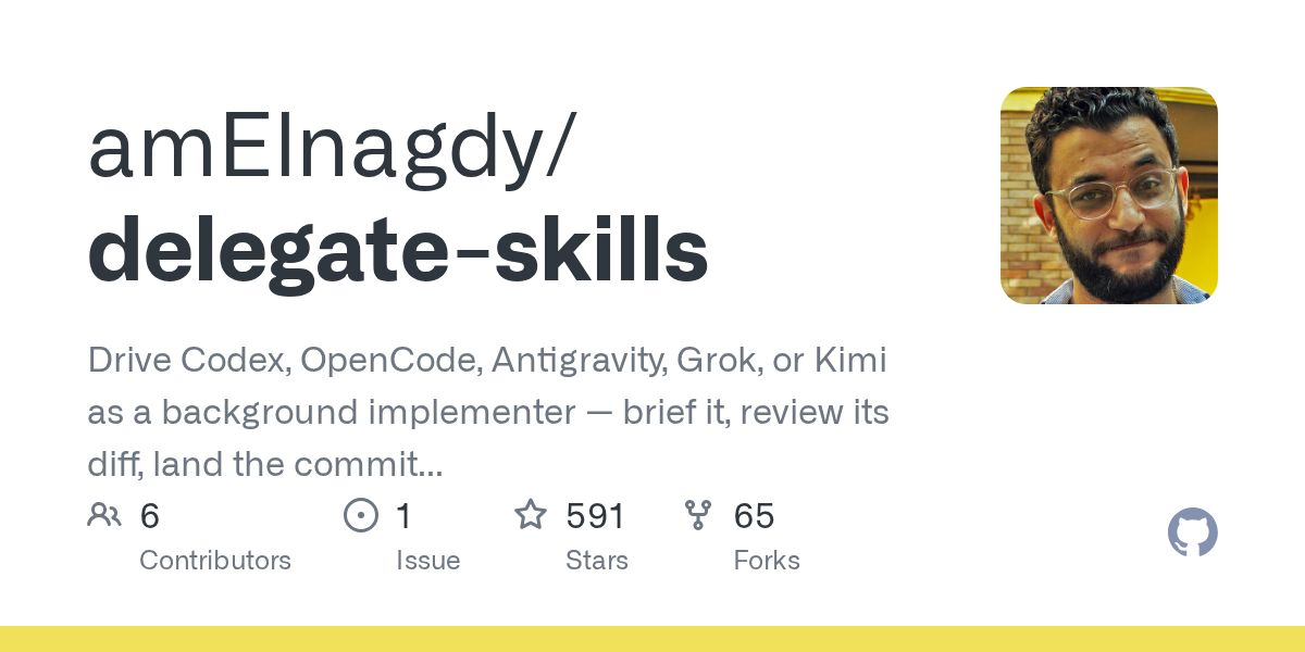 3mrr4dy's tweet photo. I’ve been doing this manually for a while: keeping one coding agent as the main context, then sending isolated tasks to another agent or model when it makes sense.

The handoff is usually the messy part — vague briefs, lost context, unclear output, or the delegated agent changing more than it should.

 delegate-skills turns that workflow into reusable skills. The main agent stays in charge, writes the task brief, delegates it to Codex, OpenCode, Grok, Kimi, or another supported agent, receives the result and changed files, reviews the diff, reruns the checks, and decides what gets committed.

That’s what I like about it. It isn’t “let a swarm of agents loose on the repo.” It’s a controlled handoff, with one agent still responsible for the final result.

I’ve been using a similar setup manually on my own project, so this feels immediately useful rather than another agent demo.