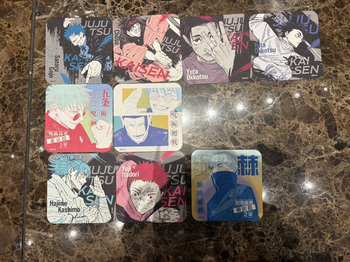 gYPfrV's tweet photo. 【交換】呪術廻戦 アートコースター アトコ
呪術廻戦展
【譲】五条、脹相、乙骨、五条＆夏油、鹿紫雲、虎杖、狗巻、東堂、烏鷺、羂索、秤、新田、メカ丸、真希、真衣、真人、楽巌寺、裏梅、高羽、星、日下部、加茂

【求】伏黒が写っているもの

1枚目上2段は2枚目含めのみ
郵送にて、纏めて優先 https://t.co/ZPmi0EbrU4