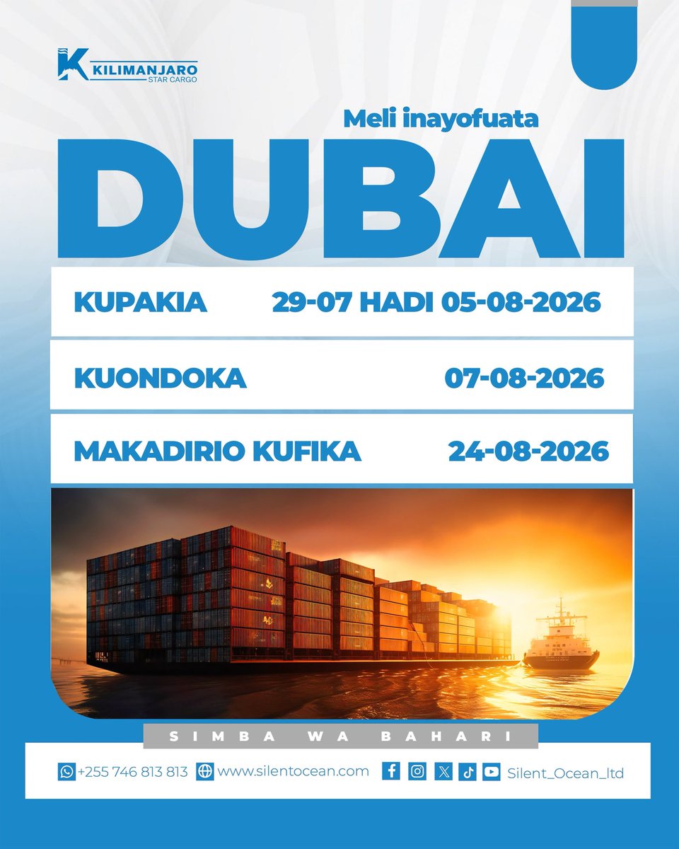 klmstarcargo's tweet photo. MELI INAYOFUATA DUBAI 🇦🇪 

Kwa Mawasiliano zaidi,

+971 56 198 9458 (Dubai Office) 🇦🇪
+255 746 813 813 (Tanzania Office)🇹🇿

#SimbawaBahari
#21YearsExperiece https://t.co/BCKTPD0yOj