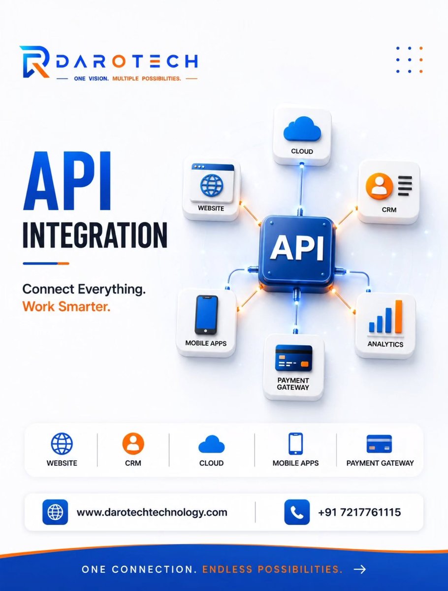 darotech_tech's tweet photo. 🔗 Connect everything. Work smarter.
Seamlessly integrate your Website, CRM, Cloud, Mobile Apps, Payment Gateway &amp; Analytics with powerful API solutions. Visit:- https://t.co/w1H9SU6Pxr
#APIIntegration #BusinessAutomation #darotechtechnology #TechSolutions #WebDevelopment https://t.co/YeybifUOVd