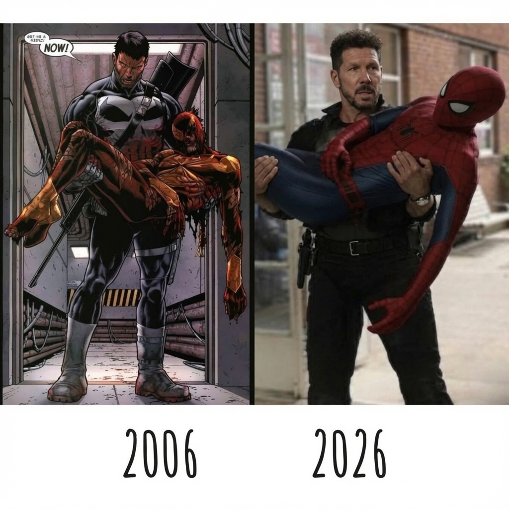 RobbyKwo's tweet photo. Why does the punisher look so much like Diego Simeone in Spider-Man BrandNewDay ? Will this be like what the movie shows, where two people who were once enemies will eventually be able to redeem themselves in reality? Will Alvarez turn back?#Atleti #SpiderManUnNuevoDía #Simeone https://t.co/Ix3GcwtvE8