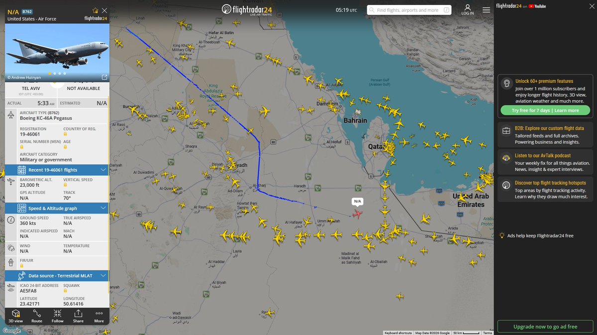 AIYeyENGDdJkjTr's tweet photo. July 29, 2026
#Ben Gurion ==> #Gulf of Oman
#NoCALLSIGN #AE5FA8 USAF KC-46A Pegasus https://t.co/ofkUIdB8V8