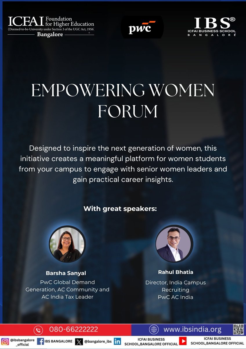 bangalore_ibs's tweet photo. IBS Bangalore was thrilled to attend the PwC Empowering Women Forum at Alliance University. Thanks to Ms. Barsha Sanyal &amp; Mr. Rahul Bhatia for sharing their leadership journey &amp; insights into PwC's work culture, roles, &amp; teamwork. 💡✨ 

#IBSBangalore #PwC #ICFAI #IFHE #MBA https://t.co/j0ogvqNfKj