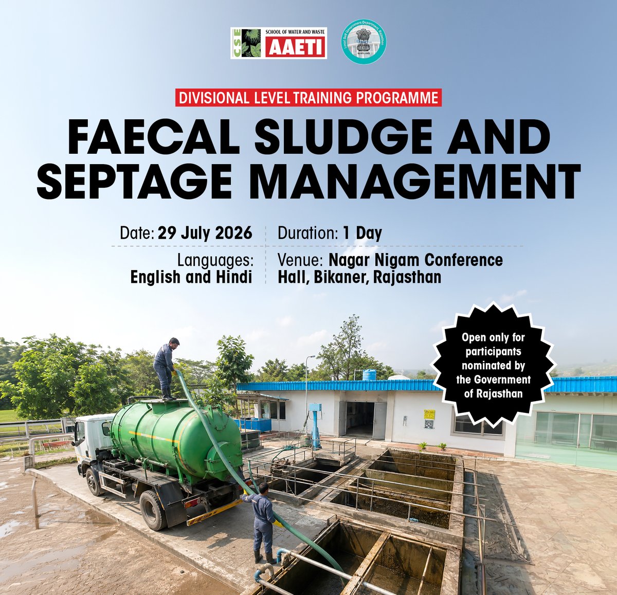 CSEINDIA's tweet photo. 📢 Happening today! The Water Programme of @CSEINDIA, in collaboration with the Swachh Bharat Mission (Urban), Directorate of Local Bodies, Government of Rajasthan, is organising the second Divisional-Level Training Programme on Faecal Sludge and Septage Management (FSSM) at the Nagar Nigam Auditorium, Bikaner.

The programme is bringing together officials from Urban Local Bodies (ULBs) across the Bikaner and Jodhpur divisions to strengthen their knowledge and capacities in the planning, operation, maintenance, and sustainable management of faecal sludge and septage systems.

The training focuses on promoting safe sanitation practices, strengthening institutional capacities, and improving urban sanitation service delivery across Rajasthan.

For more details about the programme, visit:
https://t.co/xwlXuvp1OR

@SmdsbmU @Suchak2001 @Vivek_s011 @singhal_sumita @DadhichJp