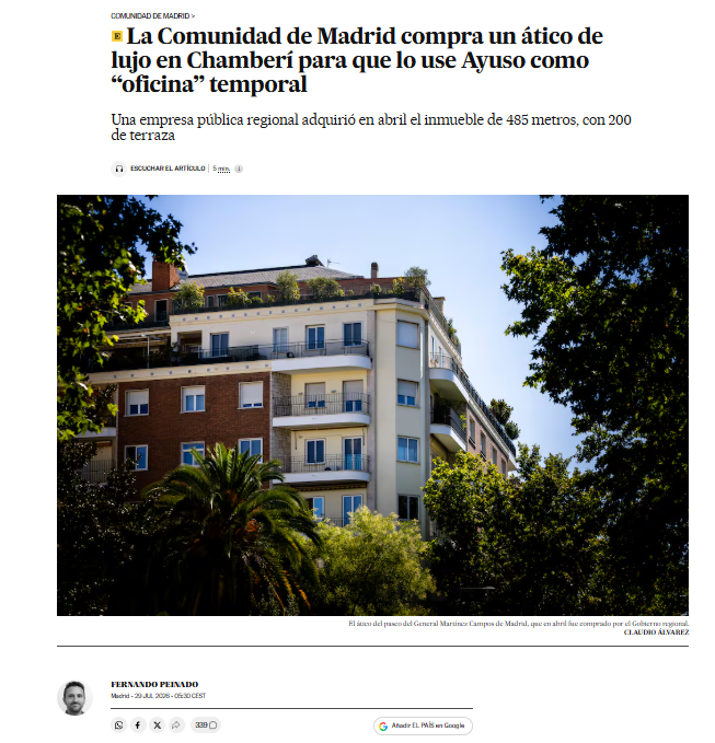 FernandoPeinado's tweet photo. La Comunidad compra un ático en Chamberí para que lo use Ayuso como “oficina durante una obra en Sol"

Se compró en abril, pero no dijeron nada. 3 meses después lo descubrimos en el Registro

No nos responden si Ayuso vivirá en él, el precio o por qué no se ha optado por alquiler https://t.co/EfMAnP9ekp