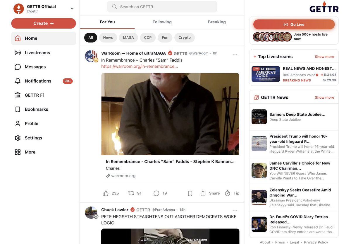 GETTRofficial's tweet photo. GETTR Update | Web UI
Signing in and the home feed have been rebuilt. Login, sign-up, password reset and social sign-in got a cleaner layout with inline, neutral error messages, and the home feed moved to a three-column desktop view — navigation on the left, a focused feed in the middle, live streams and news on the right. Every page now shares the same shell, so moving between home, profiles, search and notifications feels instant, and light and dark themes finally match down to the last border.
