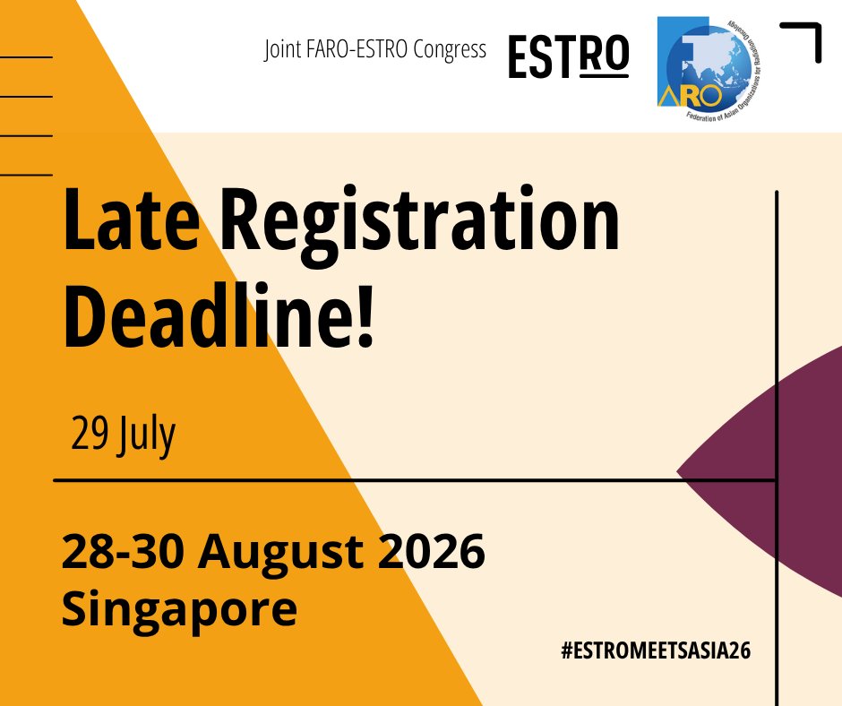 ESTRO_RT's tweet photo. 🚨 Late registration ends today!

Don't miss your chance to join #ESTROMeetsAsia26 in Singapore (28–30 Aug).

⏰ Closes today, 29 July, 23:59 CEST.

🔗 https://t.co/6pgV5DBmWs
#RadiationOncology #Radiotherapy https://t.co/8tF6XLflc8