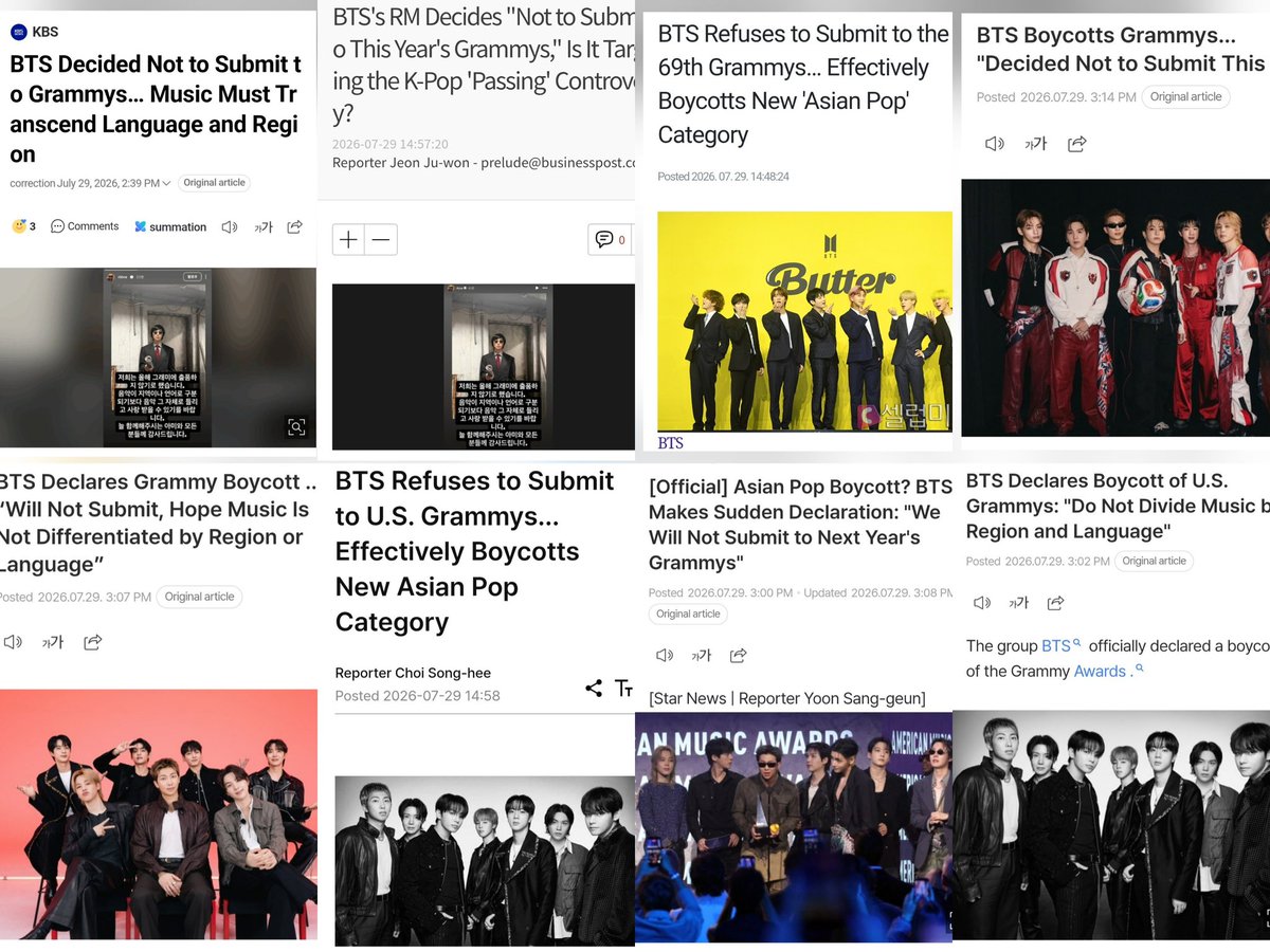 proudbaangtan's tweet photo. Medyaların başlıkları 🙂‍↔️

"BTS grammy'ye adaylık sunmamaya karar verdi... müzik dil ve bölgeleri aşmalı"
"BTS 69. Grammy <ödül törenine> başvurmayı reddetti. yeni 'asian pop' kategorisini boykot etti"
"BTS grammy'yi boykotluyor." https://t.co/zQ4oA9pxk9