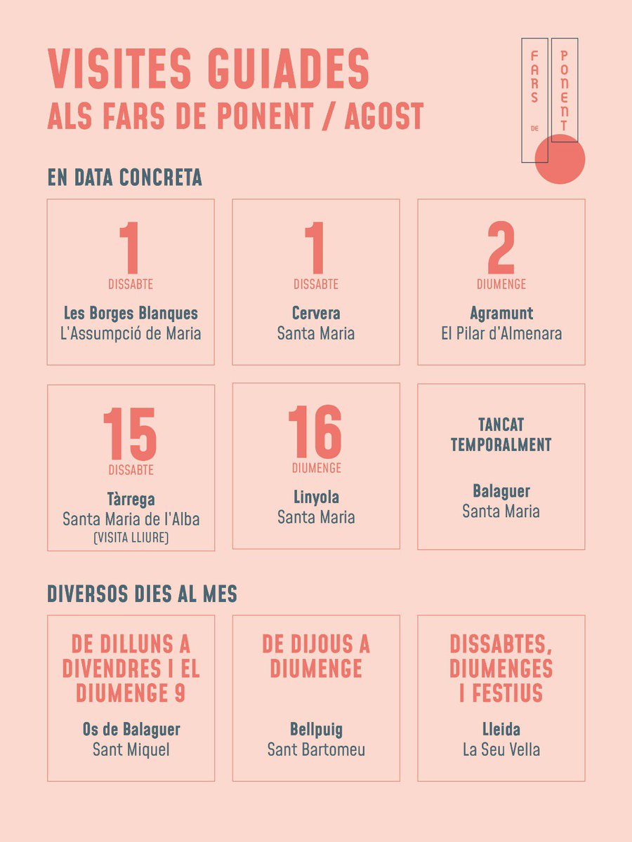 Turisme_Segarra's tweet photo. L'agenda dels #FarsdePonent ja és aquí! Tens un mes per recollir el passaport, pujar als fars i descobrir #Ponent des de les millors vistes. El dissabte 1 d'agost, visita guiada a Santa Maria de Cervera.
📝 Recorda: el passaport només se segella fent la visita guiada.
#Segarra https://t.co/SdMZbIdyMj