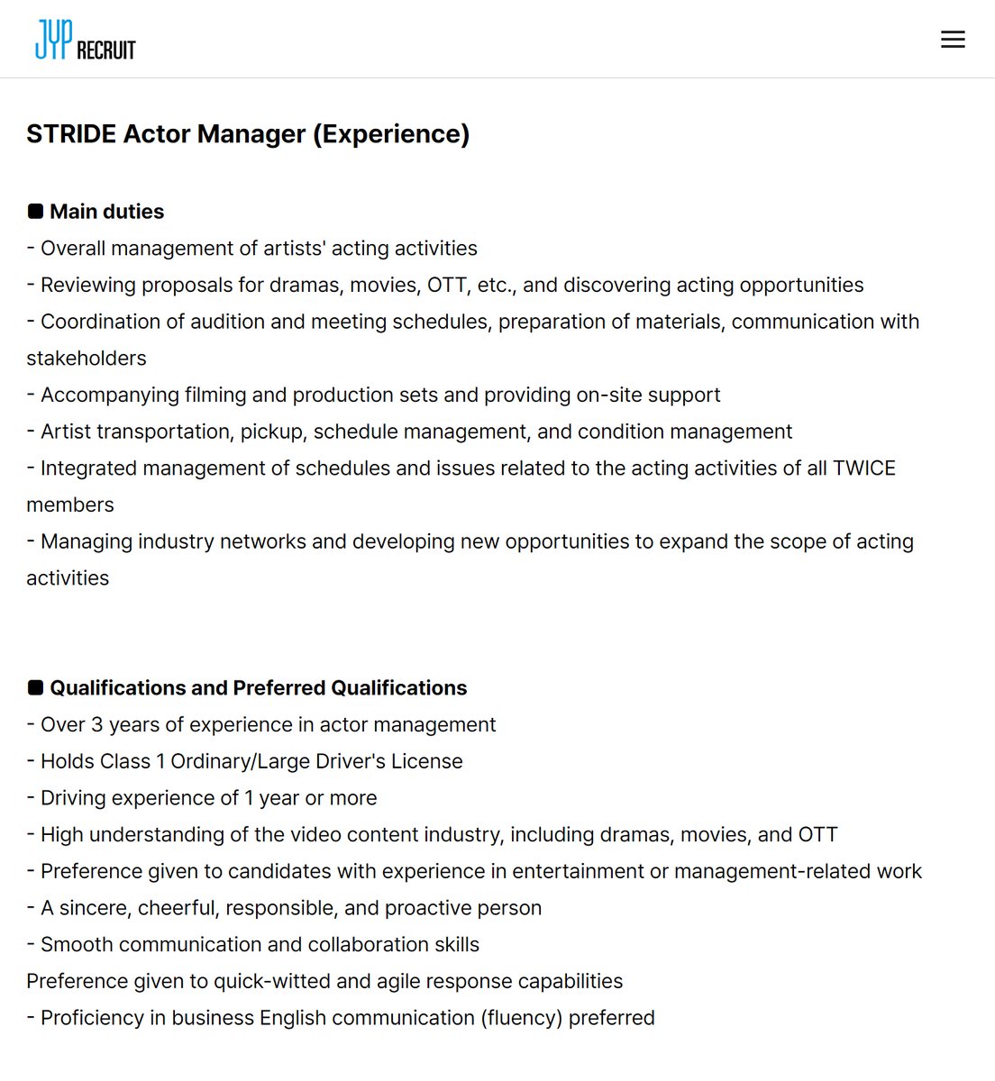 oncetwicebra's tweet photo. VAMOS TRABALHAR? 🙂‍↕️ A JYP Entertainment está contratando um manager de atores experiente para a STRIDE (Div 3), mencionando especificamente "as atividades de atuação de todas as integrantes do TWICE" como uma das principais responsabilidades. 

#TWICE #트와이스 @JYPETWICE https://t.co/2f8NdOc7GQ