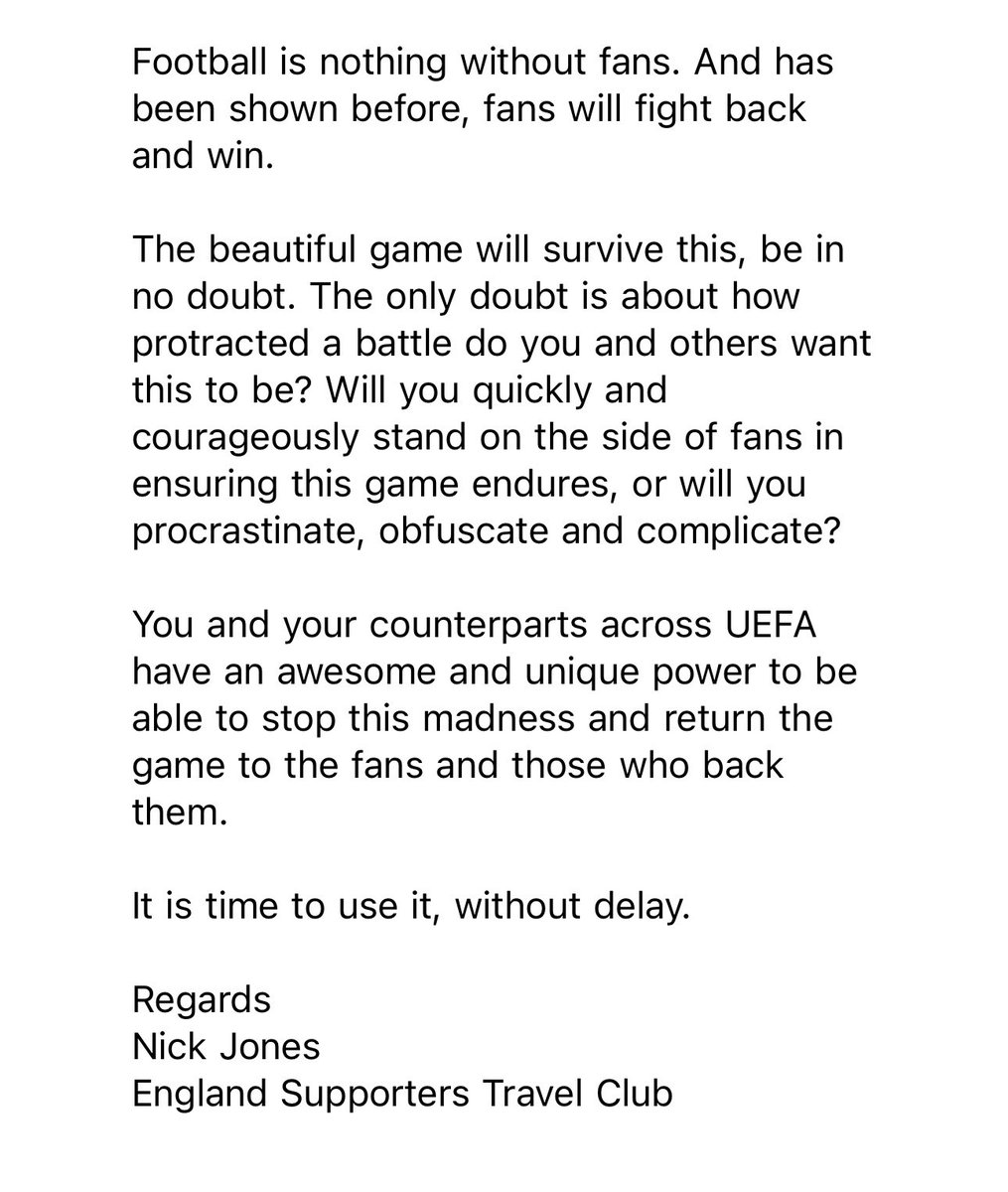 henrywinter's tweet photo. “You and your counterparts across UEFA have an awesome and unique power to stop this madness…” Email to Debbie Hewitt and Mark Bullingham @FA from well-known, long-standing England fan Nick Jones, a Top Capper, about Gianni Infantino’s World Cup plan… https://t.co/3jbl9R0evo