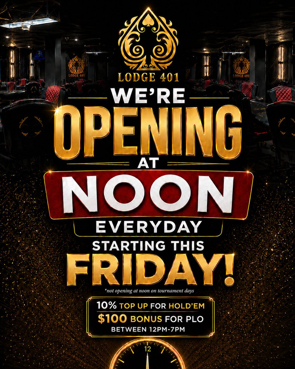 Lodge401Poker's tweet photo. 🗓️ Opening at 12pm starting Friday, July 31
💰$1000 Raffle if arriving 12pm-1pm
🎟️1 Raffle ticket given to each player arriving between 12-1pm
💲2 winners of $500 drawn at 5pm - must be present to win
🚪 Doors open at 11:30am
#Lodge401 #TorontoPoker #PokerToronto
#holdem #plo https://t.co/5hSOuSY4po