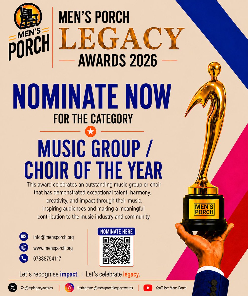 Mplegacyawards's tweet photo. 🎶 Celebrate outstanding harmony, creativity, and musical excellence by nominating your favourite Group/Choir of the Year for the Men's Porch Legacy Awards 2026! 

Nominate: https://t.co/BpMPXgkaPl

#MensPorchLegacyAwards #ChoirOfTheYear #MusicGroup #NominateNow #MusicExcellence https://t.co/6sxn7o5Tcr