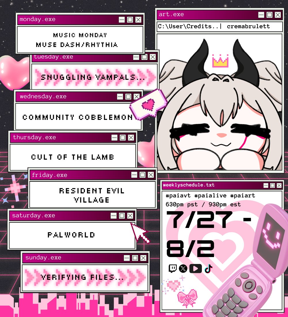 chuuketsuki's tweet photo. ⋅˚₊‧ ୨ week of 7/27 - 8/2 ୧ ‧₊˚ ⋅

♡  musedash monday
♡ updated vampalcraft
♡ cult of the lamb
♡ resident evil village
♡ palworld

and now back to your regularly scheduled paia streams - nyahaha!! chuu~ ˗ˏˋ ♡ ˎˊ˗ 
#vtubers #paialive https://t.co/RVqlrn3zgz