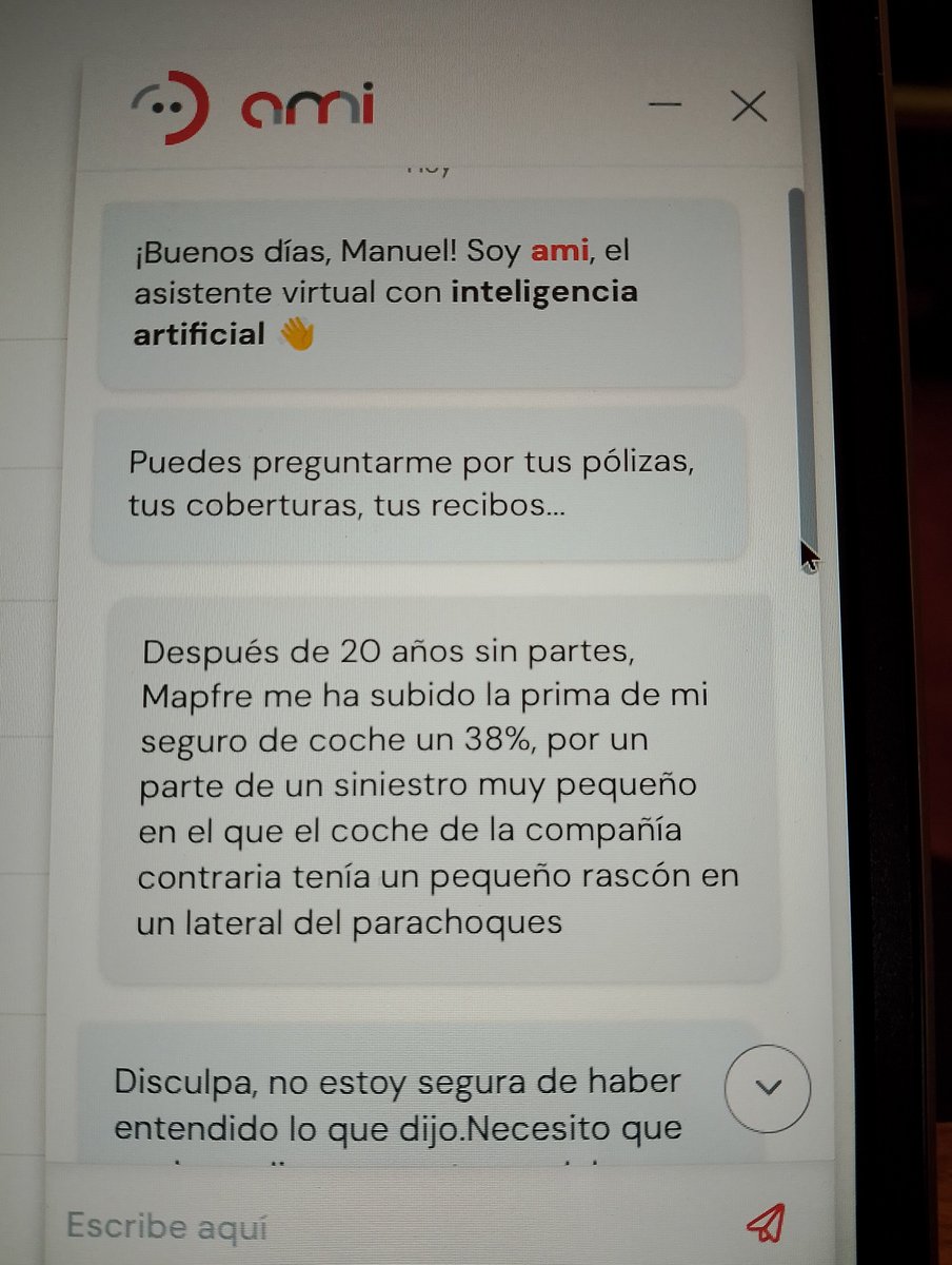 PerisBonet's tweet photo. @MAPFRE_ES @MAPFRE_ParaTi @MAPFRE En su área de clientes te atiende una IA ( que se ve que no entiende castellano) https://t.co/n5SVGt41RU