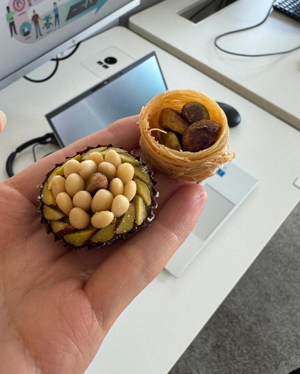 Yi123cd's tweet photo. At noon, my colleague made some delicious treats at home: one was a pine nut macaron, and the other was a chestnut pastry dessert shaped like a little bird's nest. They were both exquisite and tasty!☺️ https://t.co/6kqVNDduyY