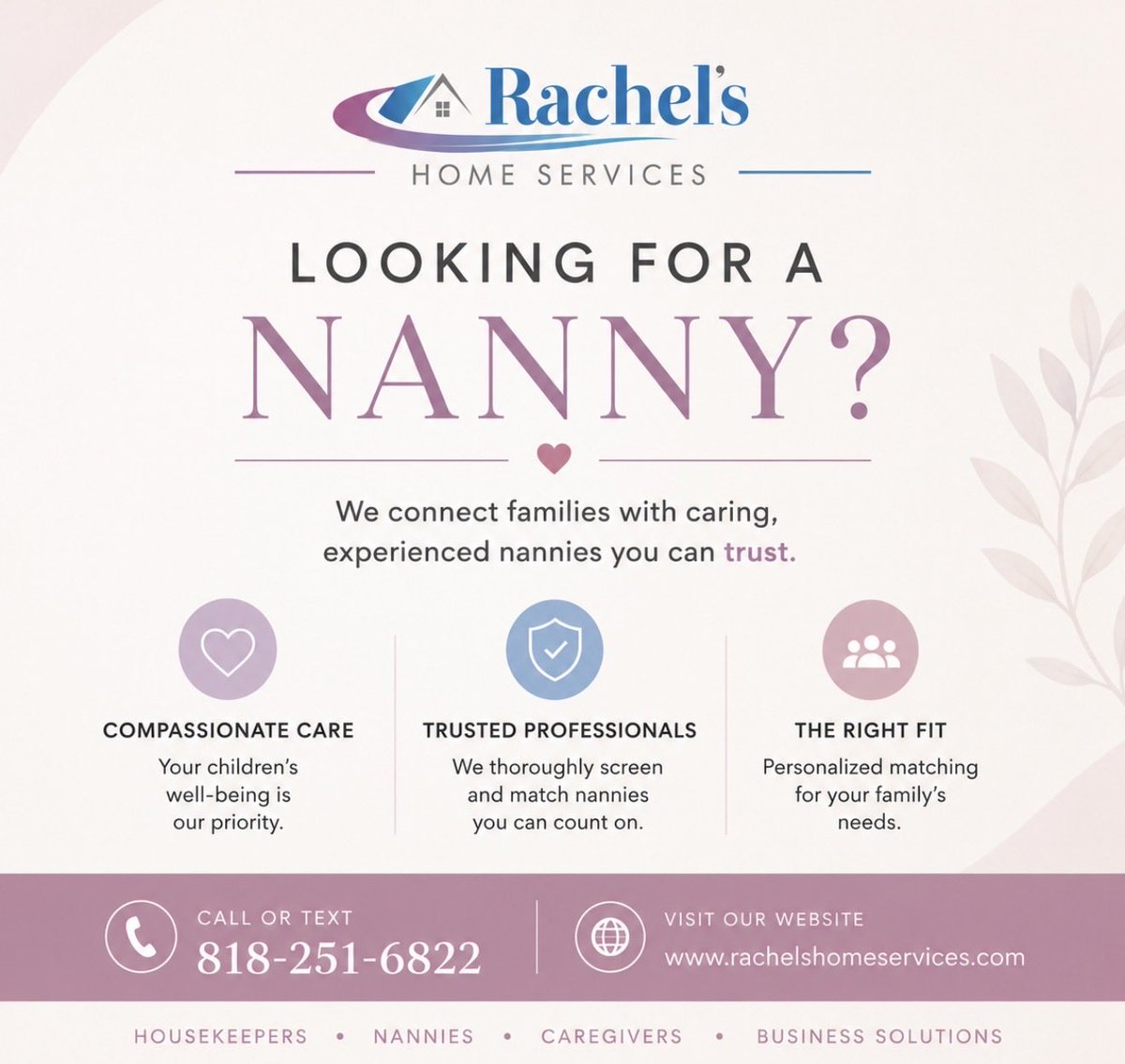 RachelsServices's tweet photo. Finding the perfect nanny starts here. 💕 Trusted, caring professionals matched to your family’s needs.

#NannyServices #Childcare #TrustedCare #RachelsHomeServices #FamilySupport https://t.co/bOYHlG2Rfz