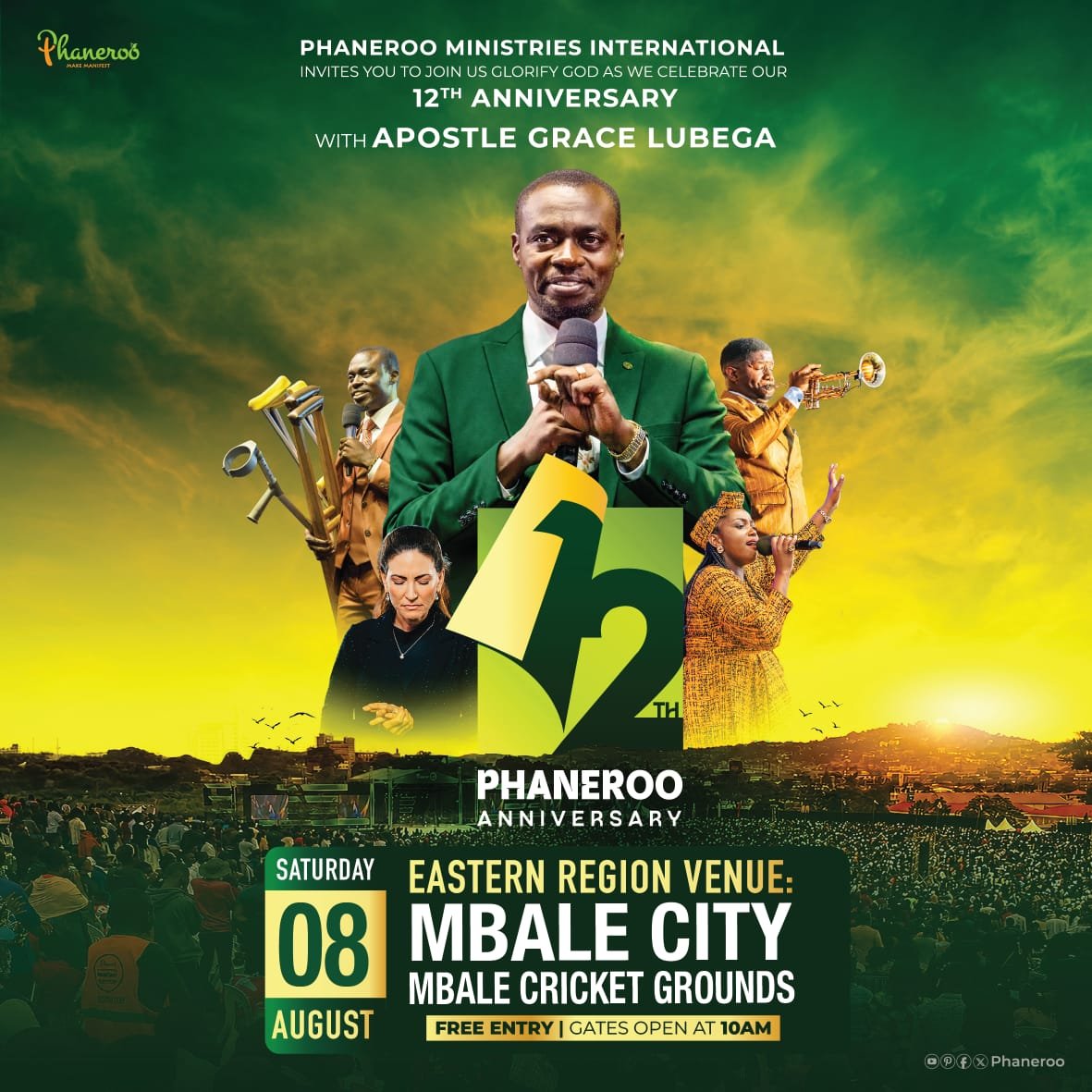 ManifestUganda's tweet photo. 12 years of God's undeniable faithfulness. Promises fulfilled. Destinies aligned. Lives elevated. The testimony continues!

Join us on the 8th of August 2026 as we celebrate the 12th Phaneroo Anniversary at Mbale Cricket Grounds, Mbale City in Eastern Uganda.

Entrance is Free | Gates Open at 10AM.

#PhanerooAt12 🎉
#Bring20