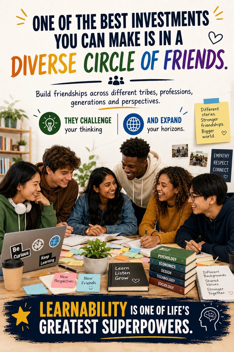 Subhash723's tweet photo. One of the best investments you can make is in a diverse circle of friends. Build friendships across different tribes, professions, generations and perspectives. They challenge your thinking and expand your horizons. Learnability is one of life’s greatest superpowers… https://t.co/fmku3lxlHj