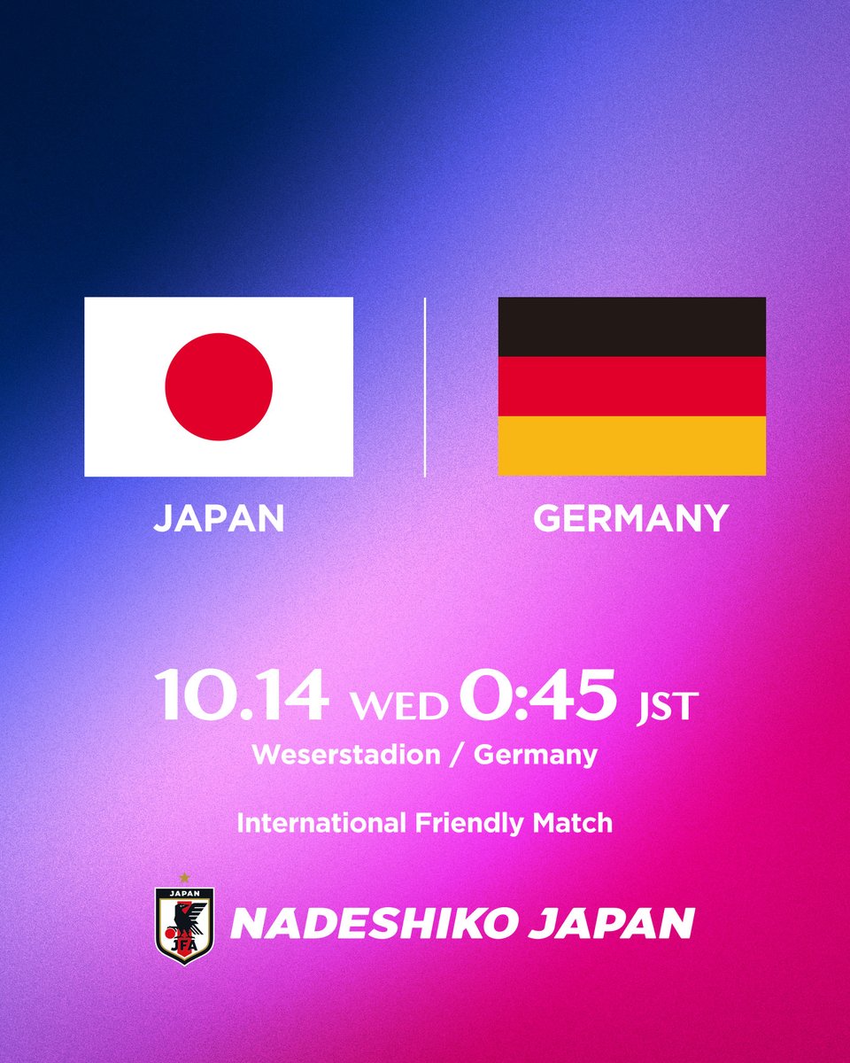 jfa_nadeshiko's tweet photo. 🔹 #なでしこジャパン 🔹
\\ ドイツ女子代表と対戦決定 //

🏆国際親善試合
🗓10.14(水)⌚️0:45(🇯🇵)
🆚ドイツ女子代表🇩🇪
🏟Weserstadion(ドイツ)

#サッカー日本代表 https://t.co/GZcLprzX7U