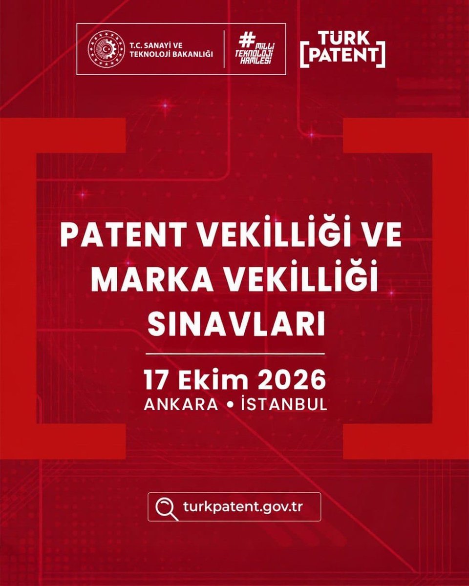 mzekidurak's tweet photo. 📢 "Patent Vekilliği ve Marka Vekilliği Sınavları"nı 17 Ekim 2026 tarihinde Ankara ve İstanbul’da gerçekleştireceğiz.

Sınava ilişkin detaylı bilgilendirmeleri ilerleyen günlerde kamuoyuyla paylaşacağız.

Şimdiden tüm patent ve marka vekil adaylarımıza başarılar diliyorum.

@TURKPATENT