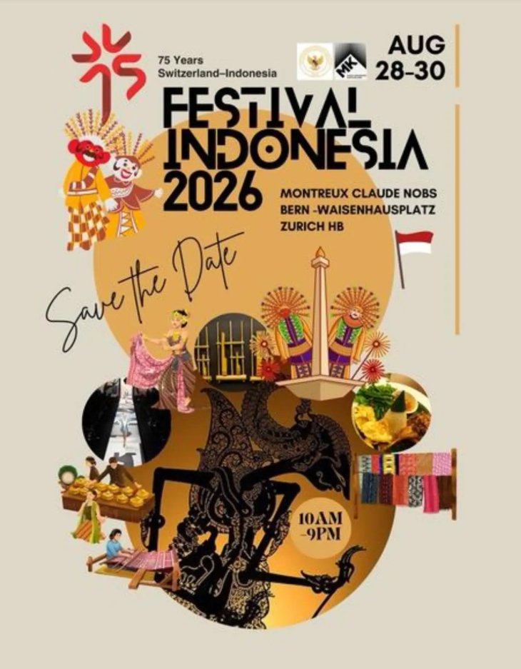 _IBWD's tweet photo. 🇮🇩🎉75 years of relations between #Indonesia and #Switzerland are being celebrated! Enjoy traditional dance, live music, delicious cuisine, fashion &amp; culture at Festival Indonesia 2026 in Bern. Free entry!🌺🎶 #FestivalIndonesia
👉https://t.co/E5jed3r0nI https://t.co/gdWhdsyTt5