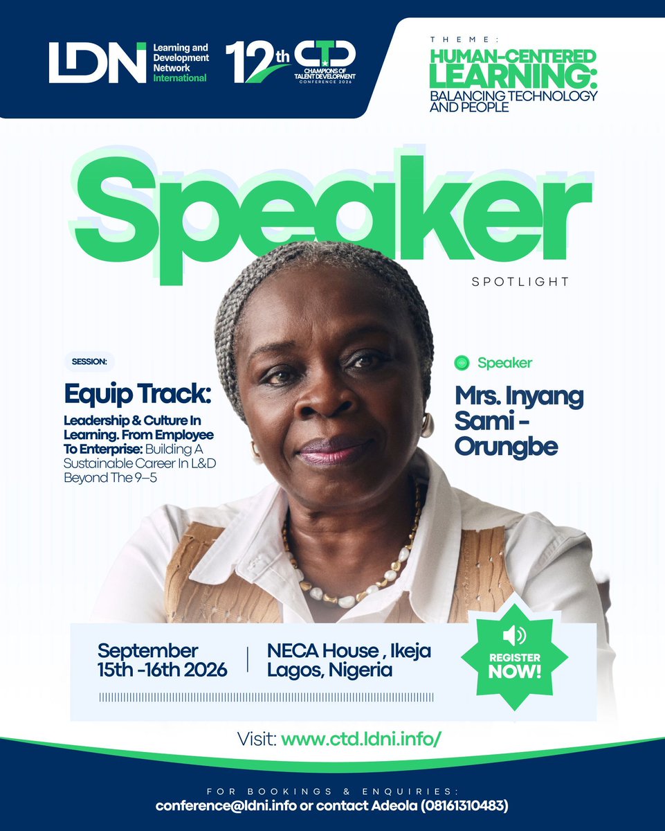 CtdConference's tweet photo. 35 years.
Stanbic IBTC. AXA Mansard. CrusaderSterling. Now Averti Professional Managers + RMB Nigeria.
Inyang Sami has seen what genuine development does to a career. She's at #CTDC26.
🚨 EARLY BIRD CLOSES IN 48 HOURS· Register now 👇 https://t.co/goNZp37PGr #LDNI https://t.co/MdabtDjMUl