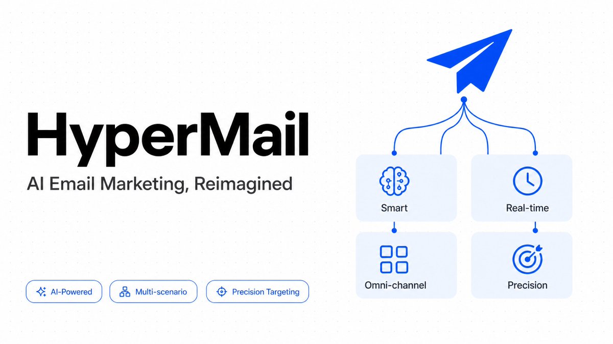 W3_HyperMail's tweet photo. 📧 HyperMail upgrades email marketing for the AI era
Traditional email marketing is broken. We fix it — 
🧠 Smarter: AI-generated personalized content at scale 
⚡ Real-time: Triggered the moment your user acts 
🎯 Precision: AI audience segmentation that actually converts 
🌐 Omni-scenario: From transactional to re-engagement, all covered
Every email. A conversion opportunity.
#HyperMail #EmailMarketing #AIMarketing #Web3‌‌