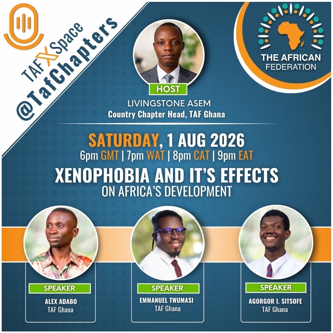 TEmmanuel_'s tweet photo. Xenophobia &amp; Afrophobia harm #African communities &amp; holds back continental growth &amp; trade. Join #TAFGhana this Satuday at 6pm GMT on an X Space for: "Xenophobia &amp; Its Effects on Africa’s Development: The Ghanaian Experience” - https://t.co/TiCvFJZpV5 https://t.co/rFZ45rxu3Z