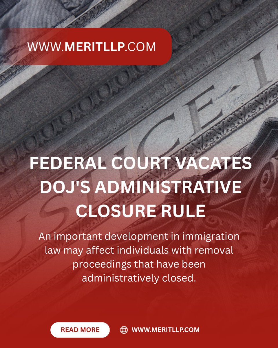 Meritlaw_llp's tweet photo. Federal Court Vacates DOJ's Administrative Closure Rule

An important development in immigration law may affect individuals with removal proceedings that have been administratively closed.

In State of Texas v. U.S. Department of Justice, the U.S. District Court for the Northern District of Texas vacated the Department of Justice's Administrative Closure Rule. The court held that immigration judges lack statutory authority to indefinitely administratively close removal proceedings without express congressional authorization. It also permanently enjoined the DOJ from enforcing the rule.

If you have questions about how this ruling may affect your immigration case, our team is available to evaluate your options and develop an appropriate legal strategy.

E-mail: info@meritllp.com

Web: https://t.co/XEqrR1eiTH

Phone Number: +1(973)3176056

#ImmigrationLaw #RemovalDefense #AdministrativeClosure #EOIR #USCIS #ImmigrationAttorney #FederalCourt
