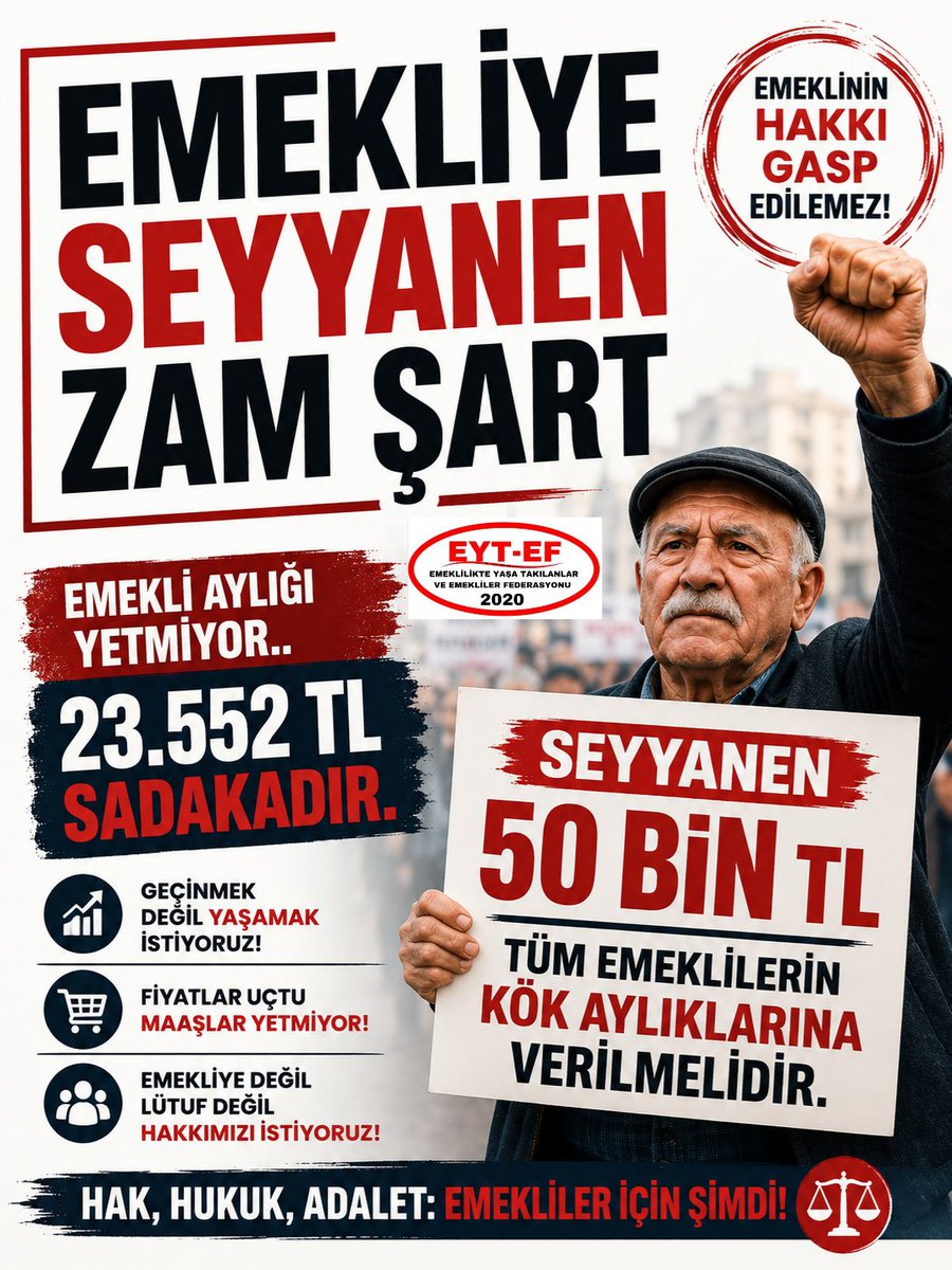 galacticos0258's tweet photo. Sadaka değil hakkımızı, lütuf değil alın terimizi istiyoruz; emekliyi sefalete mahkûm eden bu anlayış son bulacak!
Seyyanen 50 Bin şart.
@RTErdogan @dbdevletbahceli
@isikhanvedat @memetsimsek
@_cevdetyilmaz @avabdullahguler
@Akparti
#5000KısmiKanunlaşsın
#EmekliyeSeyyanenZAMşart https://t.co/UEctG203iy