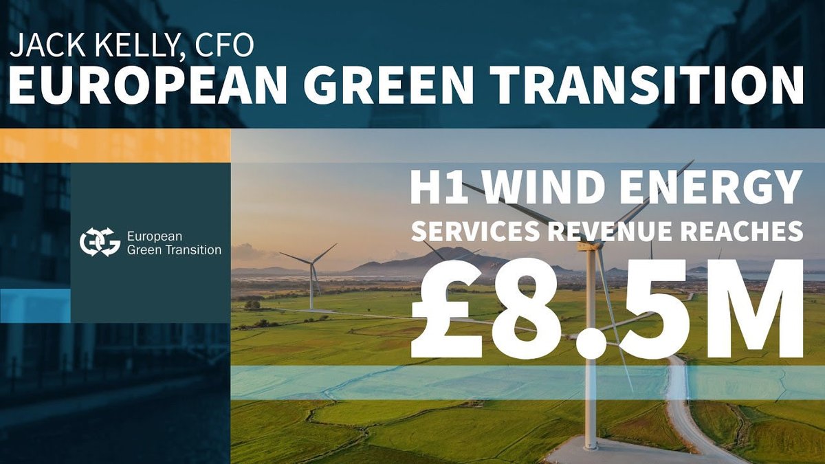 StockBoxMedia's tweet photo. European Green Transition Posts £8.5m H1 Wind Revenue

@StockBoxMedia spoke to Jack Kelly, CFO @EuropeanGreenT, following a strong H1 2026. The wind energy services business generated £8.5m, with repowering driving a £126m potential opportunity, full-year revenue guidance of £17m–£18m and a medium-term £50m group target.

Watch below ⬇️
https://t.co/kk0zFZVtaL

➡️EGT has signed 65 heads of terms and is engaging with approximately 280 qualified prospects across its existing client base, representing a potential repowering revenue opportunity of £126 million.

➡️Wind Energy Services business generated approximately £8.5 million in H1 2026, with management targeting full-year revenue of £17 million–£18 million.

➡️EGT is targeting £50 million in Group revenue and double-digit EBITDA margins over the medium term, supported by organic growth, repowering and selective bolt-on acquisitions from a debt-free position.