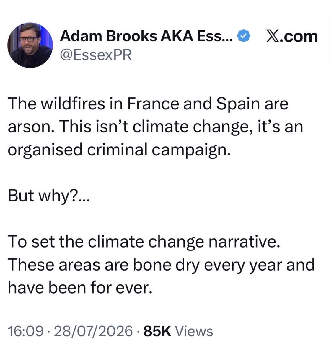MrMatthewTodd's tweet photo. Idiots like @essexpr are putting us all in danger. 

France has just seen a record breaking heatwave. This is not normal.

They had intense winter rainfall which meant there was extra vegetation growth.

The record temperatures dried this vegetation out.

When it comes to climate change and wildfires the issue is not the ignition - fires are sparked all the time; whether it’s arson, cigarette, BBQs, electrical faults, lightning etc - the issue is that clearly when there’s record temperatures and barely any rain, dried out forests and vegetation mean fires spread faster and are harder to control.

This kind of bullshit from someone with thousands of followers puts us all in danger because we need to act urgently and can’t do if people don’t understand there’s a problem. 

Fact: extreme wildfires have more than doubled across the world - NASA

https://t.co/KiePB3ZtI8