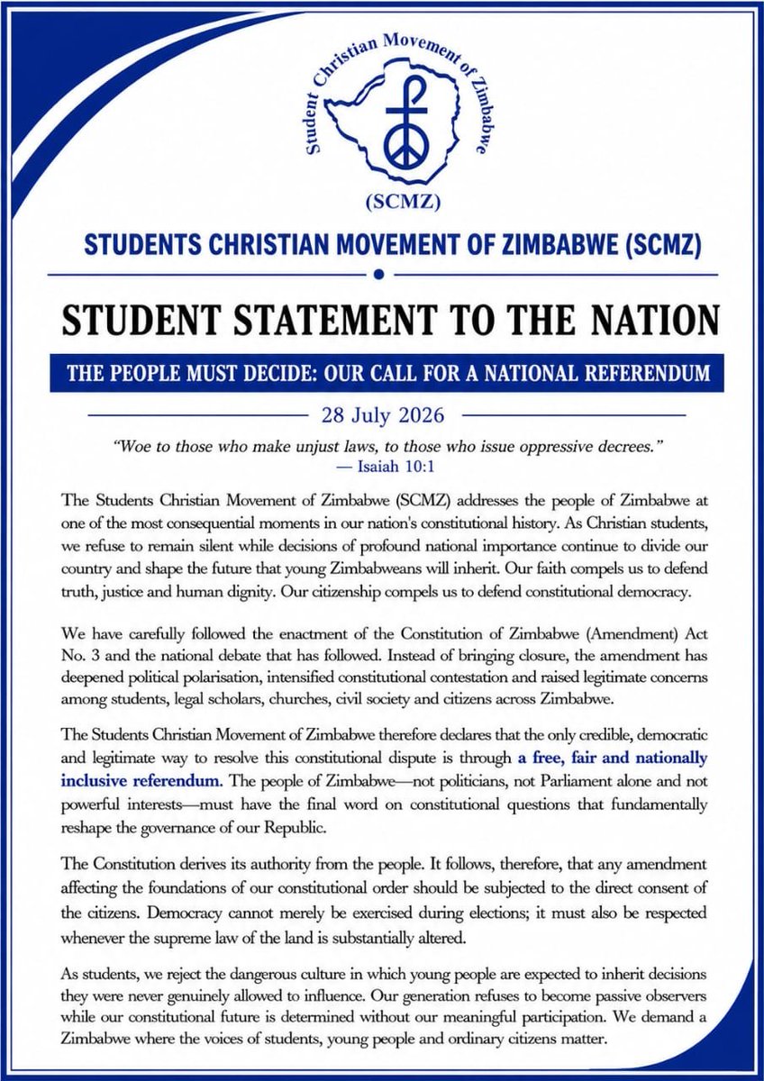 SCMZimbabwe's tweet photo. 🔷️SCMZ strongly stands on democratic pathways and reaffirms our utmost commitment to upholding constitutional integrity. We reject CA3 for undermining the people's rights and call for any constitutional changes to be approved through the people's consent via a referendum. https://t.co/YTCYtdlOVz