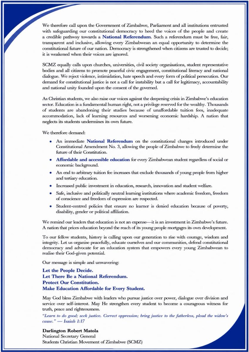 SCMZimbabwe's tweet photo. 🔷️SCMZ strongly stands on democratic pathways and reaffirms our utmost commitment to upholding constitutional integrity. We reject CA3 for undermining the people's rights and call for any constitutional changes to be approved through the people's consent via a referendum. https://t.co/YTCYtdlOVz