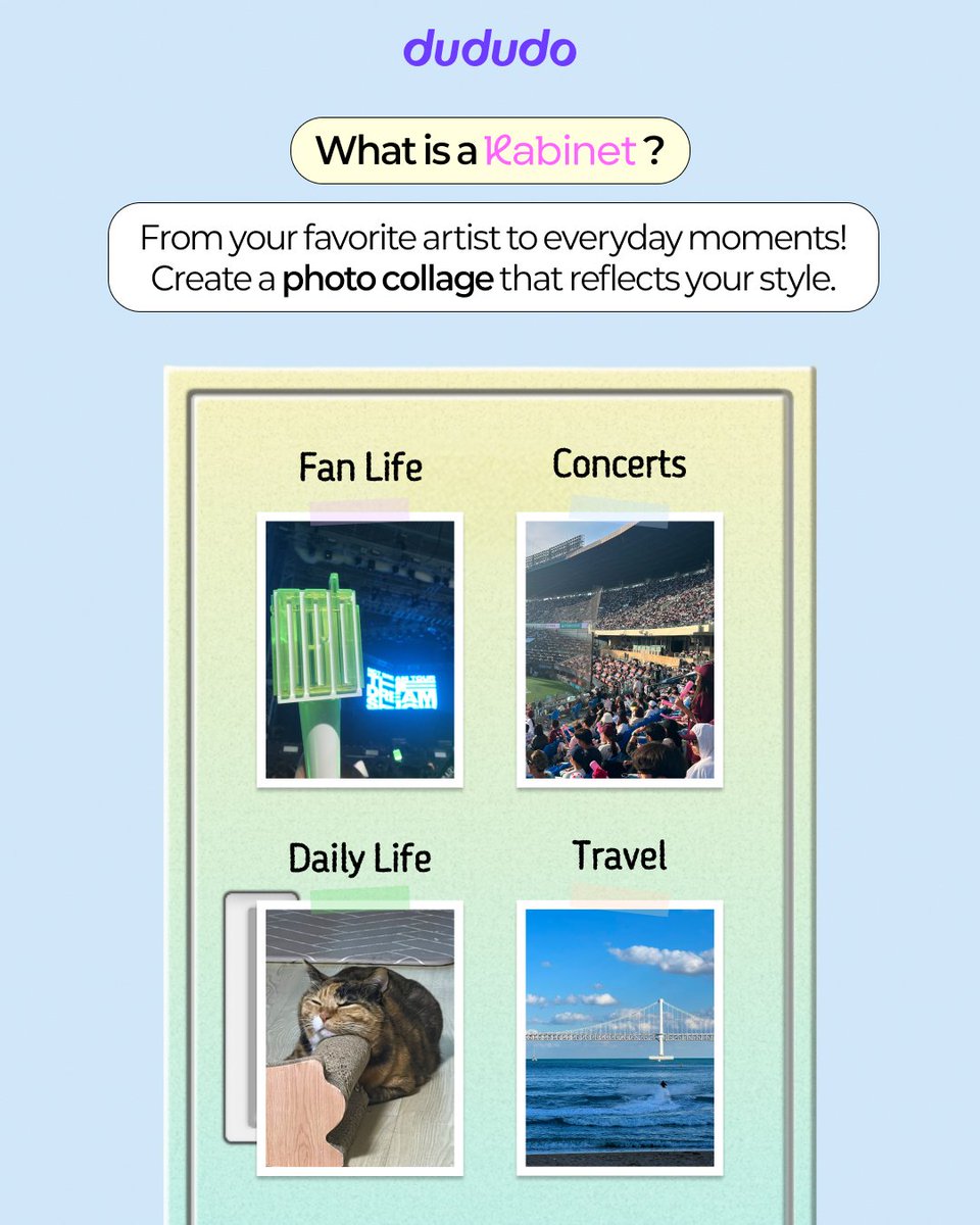 du_du_do's tweet photo. 📂 dududo Service Spotlight #01

📢 Calling all fans with a camera roll full of favorite moments!

From your favorite artist to concerts, travel, game day, and everyday memories —
create a photo collage that's uniquely yours with Kabinet. 📷

#dududo #Kabinet #dududo_Kabinet #캐비넷
