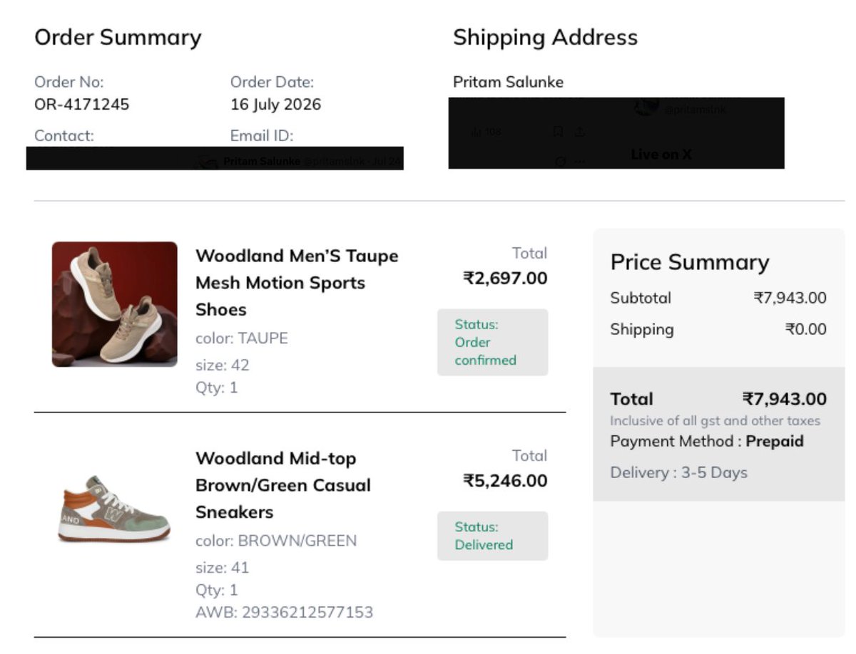 pritamslnk's tweet photo. @Woodland @jagograhakjago @iHarkiratSingh I'm writing wrt order ID-OR-4171245 dated 16 Jul 2026. It had two sub-orders, I received stones against SO-4236453. I was assured on 24.07.2026 over "X" by woodland official handle to respond with in 48hrs. yet there has been #NoResponse https://t.co/TSWDHTYBSf