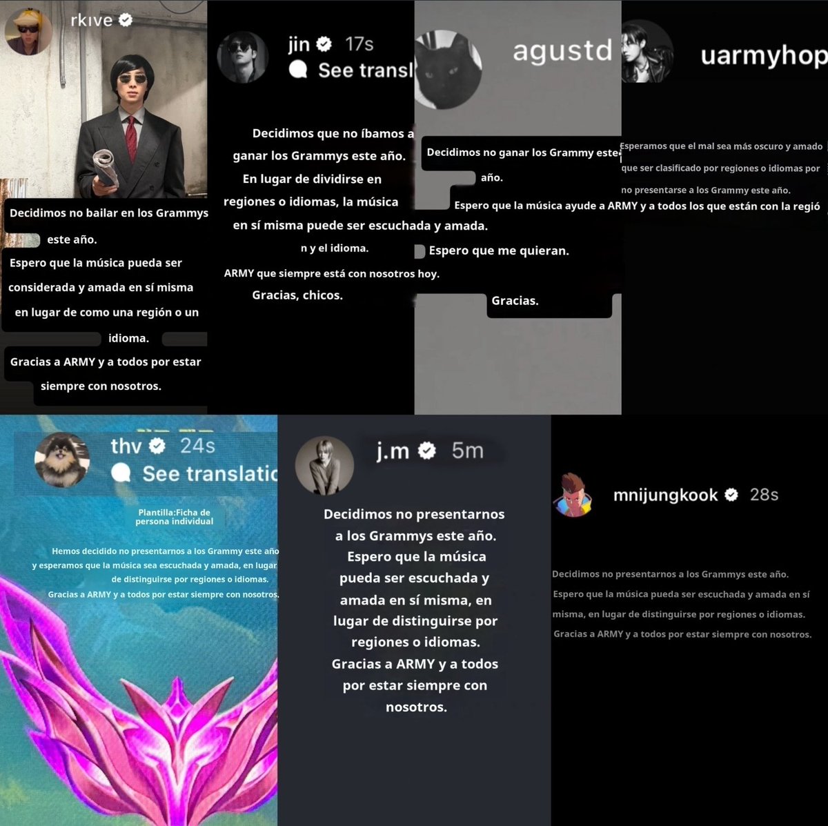 BTS_inSpain2's tweet photo. Los siete miembros de BTS están unidos en su decisión de no presentar su candidatura a los Grammys este año. ✊

"Hemos decidido no presentar nuestro trabajo para los Premios Grammy de este año. Esperamos que la música sea reconocida y amada por lo que es, en lugar de ser dividida por región o idioma. Gracias, como siempre, a ARMY y a todos los que nos apoyan." 🔥

🐢