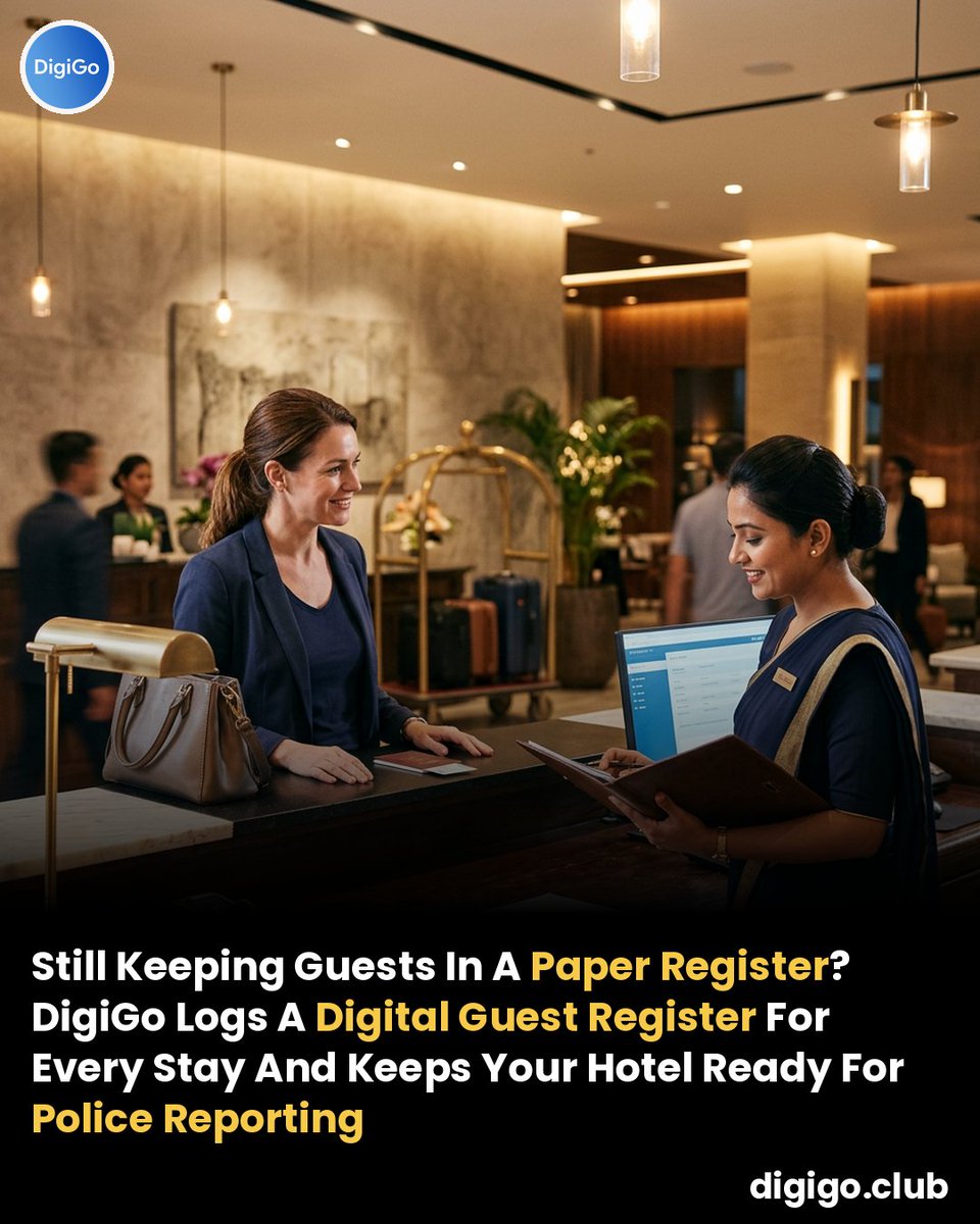 digigoclub's tweet photo. How ready is your hotel for a compliance check? 

DigiGo, India's digital check-in and KYC platform for hotels, keeps a digital guest register for every guest and supports police reporting. Every stay logged at check-in, always audit-ready.

#KYC https://t.co/iFOzSR7e85