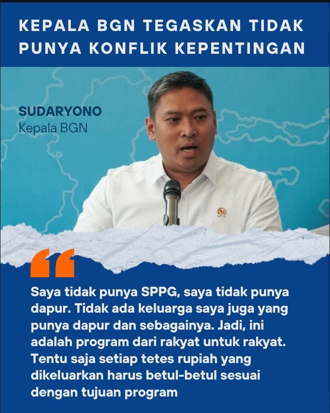 fakfak346's tweet photo. Integritas dan transparansi jadi kunci: Kepala BGN tegas nyatakan bebas konflik kepentingan, bukti amanah dijaga penuh! #ProgramMBG https://t.co/h3BvFIvF0j