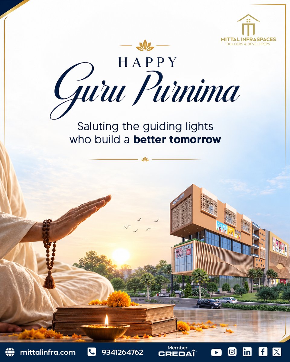 mittalinfra's tweet photo. जो हमें सही दिशा दिखाते हैं, वही जीवन की सबसे मजबूत नींव रखते हैं।
गुरु पूर्णिमा के पावन अवसर पर सभी गुरुओं को हमारा नमन, जिन्होंने ज्ञान, संस्कार और मूल्यों से हमारा भविष्य संवारा।

मित्तल इन्फ्रास्पेसेस की ओर से गुरु पूर्णिमा की हार्दिक शुभकामनाएं। 🙏

#GuruPurnima https://t.co/fd3H29pRLv
