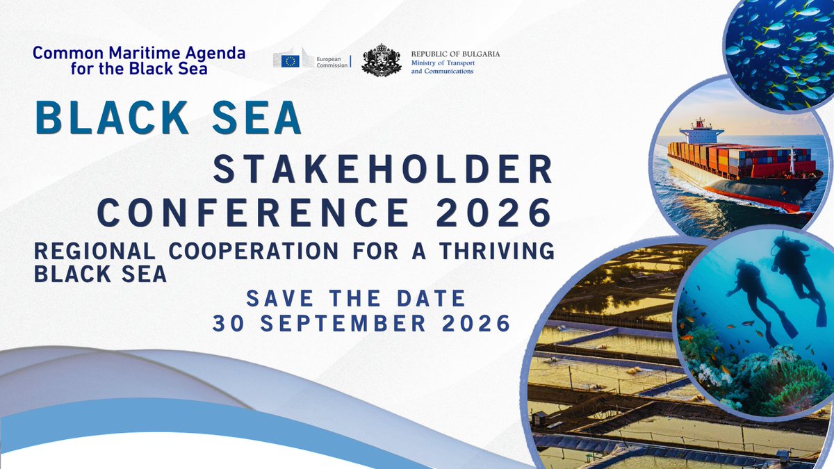 EU_MSP_Platform's tweet photo. 🗓️✍️ Register for the upcoming #BlackSeaCMA Stakeholder Conference 2026! 
 
Connect with policymakers, researchers, businesses & investors on 30 September in Bulgaria to discuss progress and help shape a sustainable blue economy in the Black Sea region. 

👇 Register by 15 Sept: https://t.co/q5BdhSf12W https://t.co/R1YR56Hlgy
@EU_BlackSeaAM @cinea_eu @EU_MARE