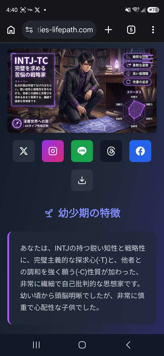 kintorisan's tweet photo. 記録用
久しぶりにやったけどやっぱりINTJ。でもINFJとINTJの間すぎる！INTJって言われたら違うしINFJって言われても違う！！私は私でしかねぇ！ハイブリッドじゃ！！

私の超精密性格タイプ診断結果は「INTJ-TC (完璧を求める苦悩の戦略家)」でした！
 @64personality https://t.co/vfPwj7ZVRy https://t.co/d04rVjXo3j