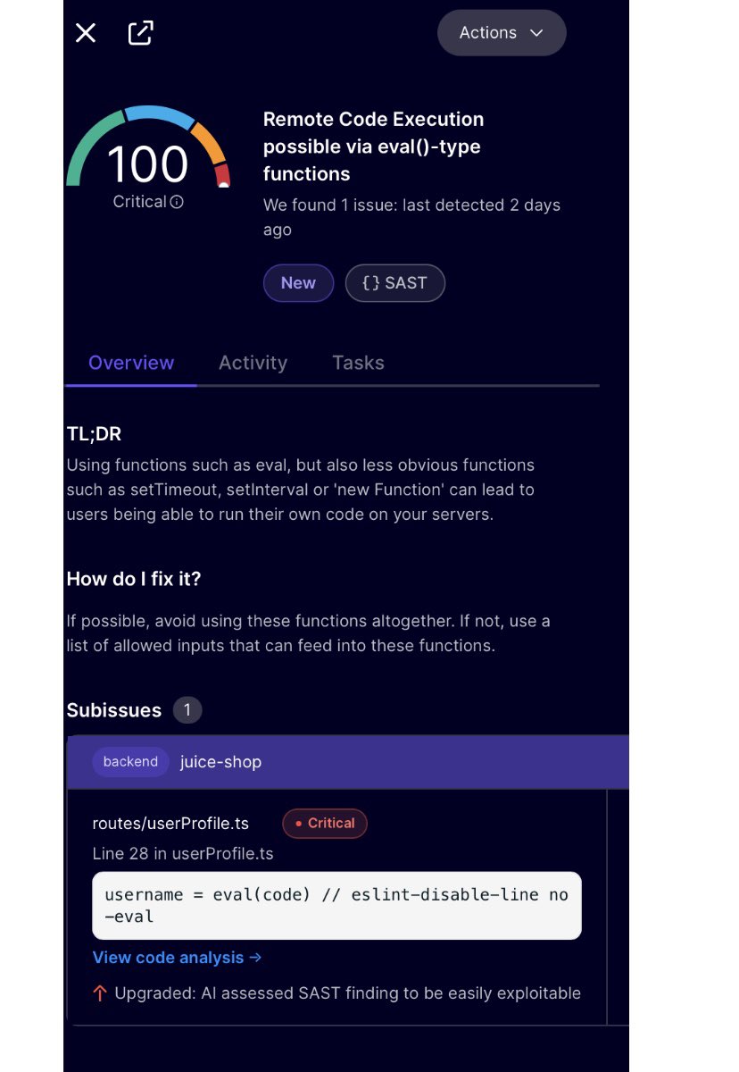 Tumininu_m's tweet photo. One of the critical findings: an eval() call that scored 100/100 on the risk scale.
That single line let an attacker run arbitrary code on the server. No exploit chain needed, just eval() taking unsanitized input. https://t.co/RqiyVLGPTI