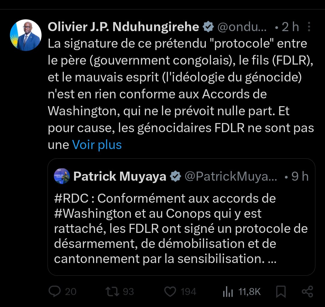 amluzayamo's tweet photo. 🚨🚨🚨🚨📌 À L'ATTENTION DU MINISTRE RWANDAIS DE RÉSEAUX SOCIAUX @onduhungirehe. TES AGITATIONS SONT INUTILES.

🟦🟨🟥 J'ai l'impression que le ministre rwandais des réseaux sociaux a signé un accord dont il ne maîtrise pas pleinement la portée. Il est important de relire l'Accord de Washington avant toute interprétation. Voici ce que signifie réellement l'expression « neutralisation des FDLR ».

👉  La neutralisation des FDLR ne signifie ni leur protection, ni leur reconnaissance, ni leur maintien sur le terrain. Elle signifie leur désarmement, leur démobilisation, le démantèlement de leurs réseaux, leur arrestation lorsqu'ils sont recherchés, ainsi que la fin de leur capacité à mener des activités armées.

📌 Autrement dit, une force « neutralisée » est une force qui ne représente plus une menace. C'est cela qui a été convenu dans l'accord et chose que la RDC venait de réaliser. 

Vous pensiez que la RDC n'y arriverait jamais. Pourtant, l'impossible, selon le narratif rwandais, devient aujourd'hui possible au Congo.

Nous sommes prêts à démonter, point par point, les mensonges du narratif rwandais.
@Nevesbabe @Yanbat1 @Leopard_Congo @kazadi_peter @MalikaMuanza @ERIC_WEMBA1 @EdmondIzuba1 @petertiani007 @Alix_rdc @AngelKazadi @LitsaniChoukran @VoiceOfCongo @Golva6 @GallasMusic @PatrickMuyaya @kamba82 @kongolo3 @cris_salumu @VoiceOfCongo @KalemaOnokoko 
 @CivuadiKalanga @GanzaJn @RugabishaHene @Yanbat1 @Icone_Carbone @SnegviLuang12 @VoiceOfCongo  @PierrotAluma @FelixMugenzi @onduhungirehe @YolandeMakolo @PaulKagame @fatshi13_ @DeniseNyakeru @julienpalukucom @kazadi_peter