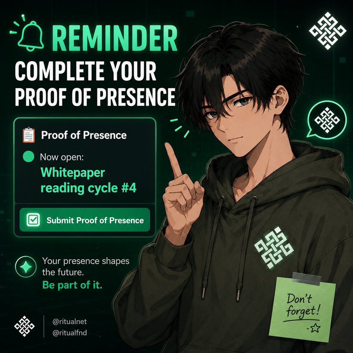 AirdropHanter's tweet photo. 🚨 Reminder!
Proof of Presence for Whitepaper Reading Cycle #4 is now open.

If you joined the session, don't forget to submit your PoP before it closes. 🟢

@ritualnet @ritualfnd https://t.co/8Y640N9yH2
